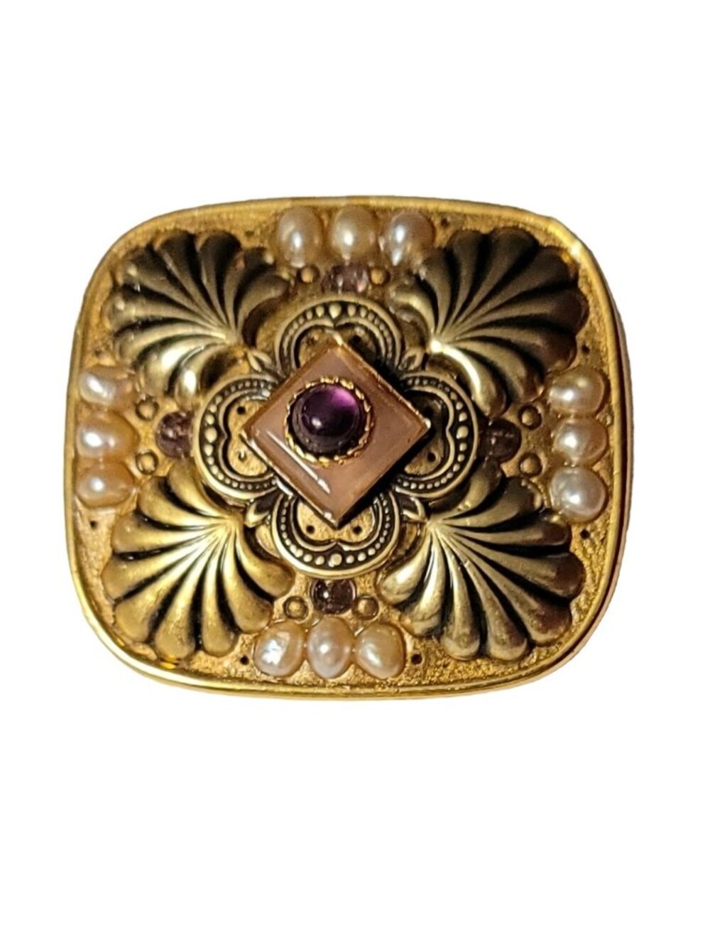 Michal Golan Gold Tone Faux Pearl Purple Cab Square Embellished Pin Pendant M38